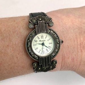 RONICA Women’s Marcasite Pewter Tone Black Leather Art Deco Antique Analog Watch